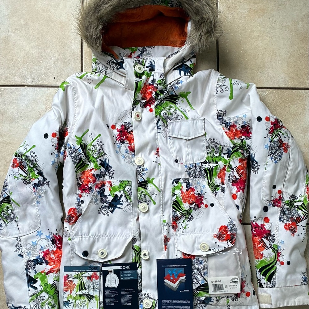 CORE Powder Room Women’s Medium Ski Jacket Watercolour Print Faux Fur Hood 2007